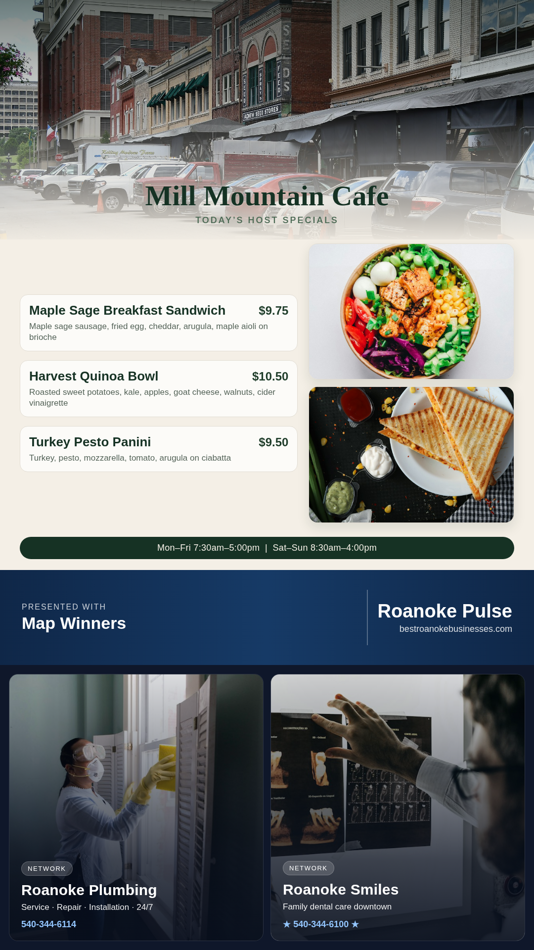 Portrait Roanoke Pulse screen: host specials on top, brand band, two rotating local ads below